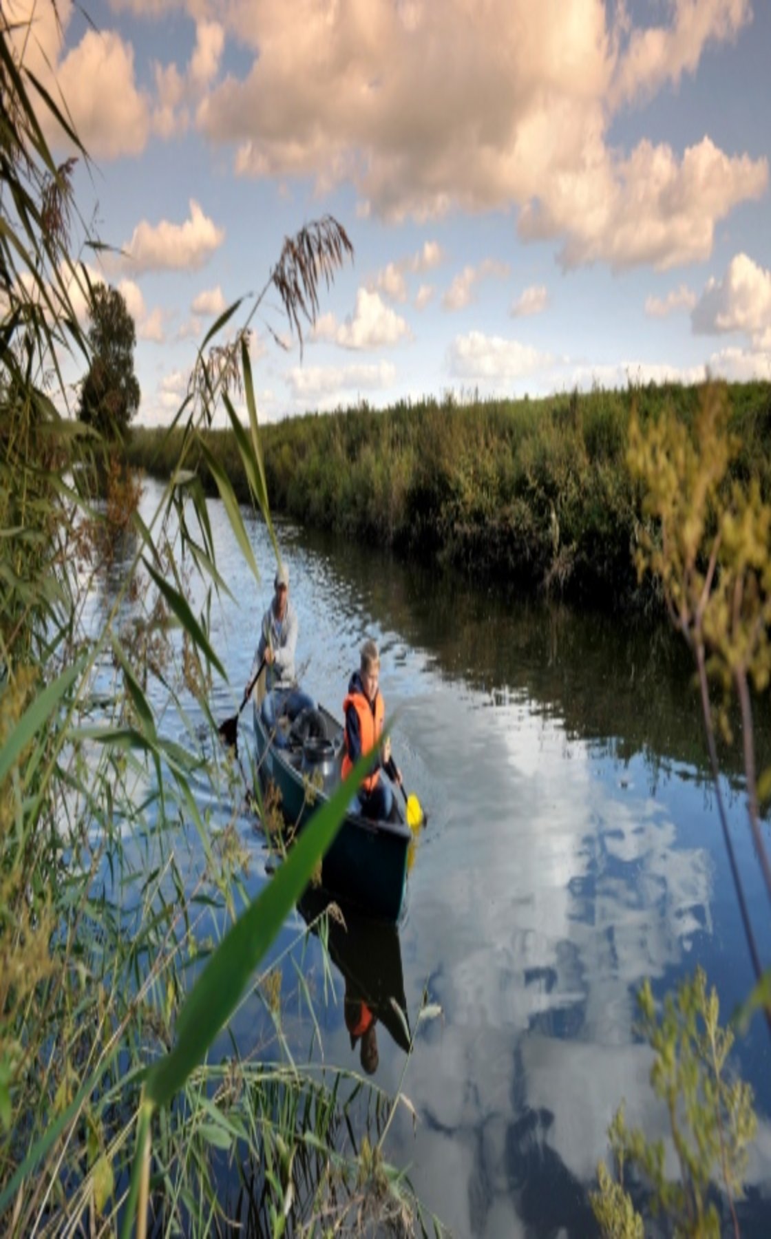 Vater und Sohn in einem Kanu auf dem Fluss